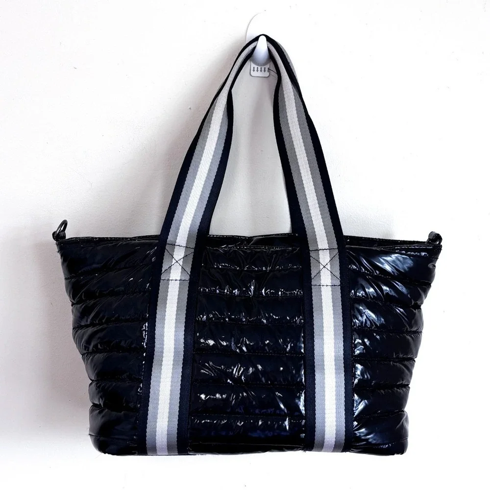 Think Royln Womens Wingman Puffer Tote Bag Black Quilted Patent Leather Travel